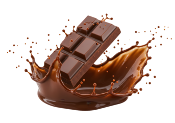 Isolated Background Of Chocolate Piece Splashing With Flowing Liquid