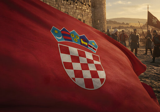 Croatia Flag, Medieval Soldiers, Castle and Historical Scene. Croatian Coat of Arms, Military, and Landscape