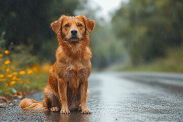 Lost dog waiting in the middle of the road in the rain