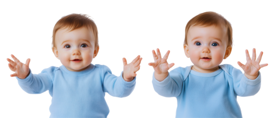 Adorable twin babies wearing blue outfits with cheerful expressions, raising their hands in playful gesture, isolated on transparency background