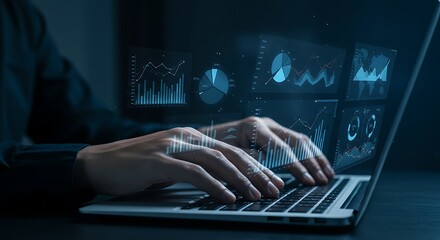 A person types on a laptop with digital graphs and charts overlaid, representing data analysis and financial insights.