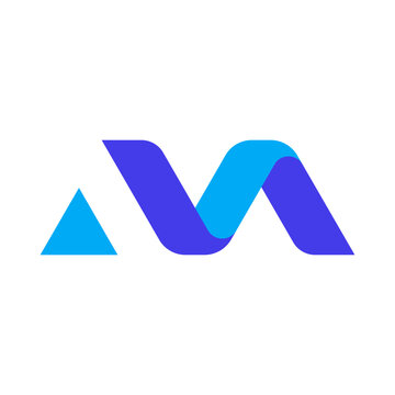 A modern, abstract logo featuring a blue triangle followed by a flowing, intertwined shape resembling the letter "M," in varying shades of blue and purple