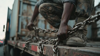 Person Holds Chain on Truck Flatbed
