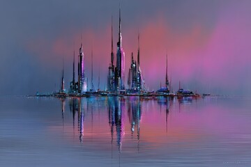 Futuristic city island at dawn, reflected in calm water.  Pastel colors