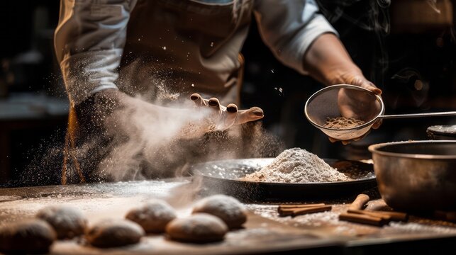 Baking magic unfolds as a skilled chef artfully drizzles spices over dough, creating culinary masterpieces in a dark, moody, and inviting kitchen setting.