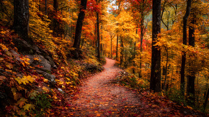 Fototapeta premium A thick layer of red, orange, and yellow leaves covering a winding forest trail