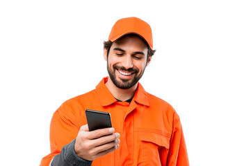 Smiling delivery man in orange uniform with smartphone on transparent background, PNG