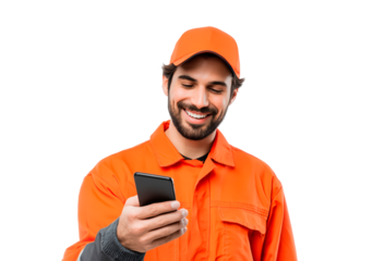 Smiling delivery man in orange uniform with smartphone on transparent background, PNG