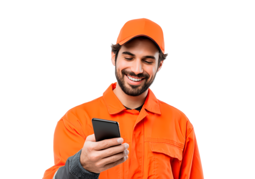Smiling delivery man in orange uniform with smartphone on transparent background, PNG
