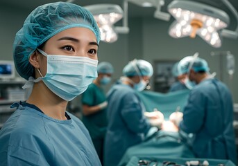 Experienced asian female surgeon focused in an operating room setting during a procedure