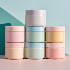 Mockup file ,Matte pastel product containers stacked in perfect symmetry with bold shadows.


