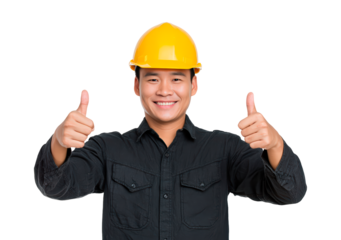 Construction worker giving thumbs up for success and safety on transparent background, PNG