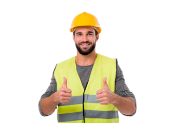 Confident construction worker with safety gear and thumbs up on transparent background, PNG