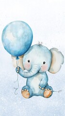 Pastel baby elephant watercolor baby elephant with pastel blue balloon, pastel watercolor baby elephant nursery art, cute watercolor baby elephant on pastel background for printing. bookmark, card. 