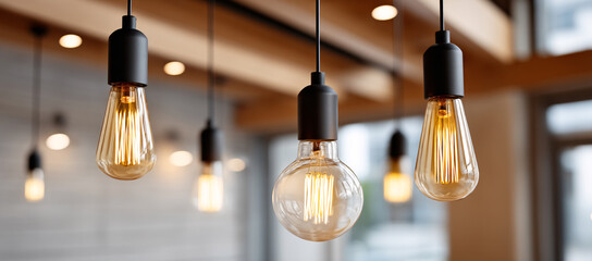 Illuminated Elegance: A captivating display of pendant lights hangs gracefully, illuminating a stylish space. Each bulb radiates a warm, inviting glow, casting a soft ambiance on the area. 