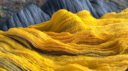 Undulating textural abstract landscape featuring hues of golden yellow and slate blue