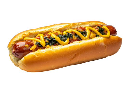 Beef hot dog with classic mustard topping isolated on a transparent background - Powered by Adobe