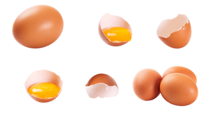 brown eggs on transparent background, raw and cracked.