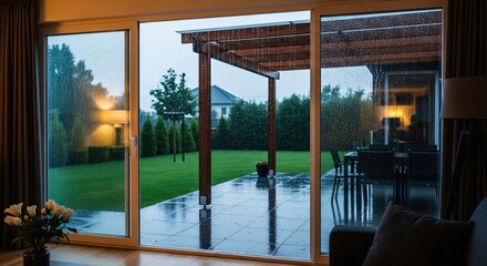 Cozy rainy day view through sliding glass doors with patio furniture and green lawn in the backyard