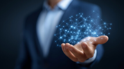 Businessman in Suit Holding Holographic Growth Arrows