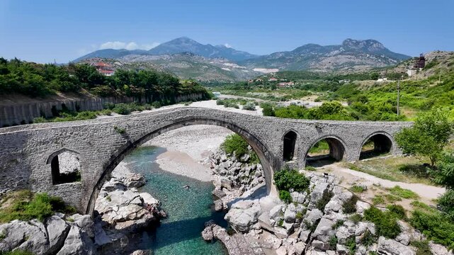 Static 4K Shot of Historic Mesi Bridge in Albania &ndash; Stone Arch over River