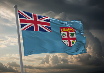 Fiji Flag Waving Against Stormy Sky - National Symbol of Fiji, Island Nation in Oceania.