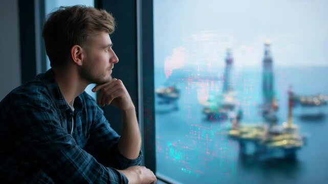 Man is looking out a window at a city. The city is near the ocean. oil strategist looking out window at distant rigs, data reflection on glass,oil exploration stocks