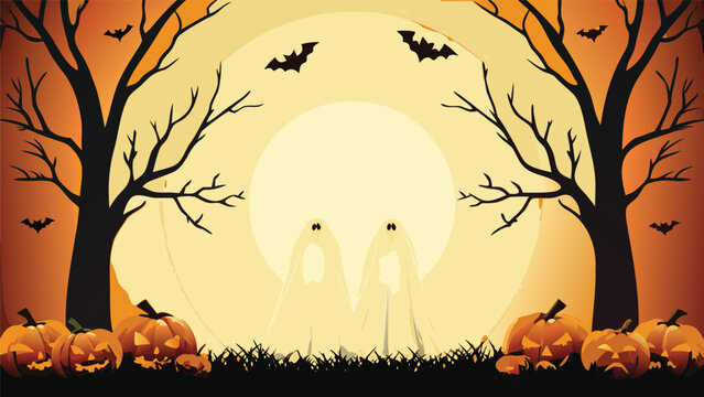 Halloween night scene with pumpkins, ghosts, bats, trees and a full moon in a spooky landscape