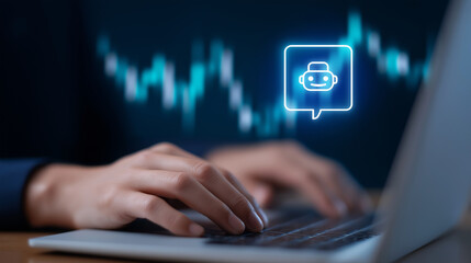 Close-up of hands typing on a laptop with chatbot avatar overlay
