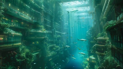 Futuristic underwater fantasy Lost city seascape