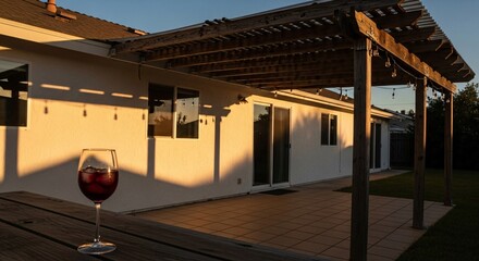 Backyard patio with pergola and wine glass at sunset for outdoor living and relaxation lifestyle ideas