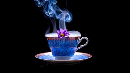 Stock photo of hot tea cup with steam and flower isolated on black background image