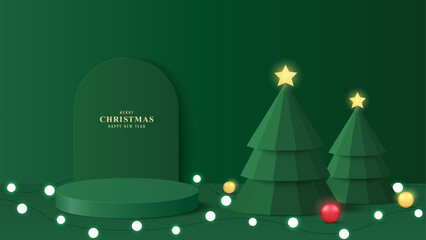 Podium Christmas. Green podium for product display presentation with christmas tree, lighting christmas, star and ornament on the stage. Stand product showcase on green background