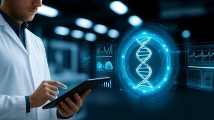 Scientist analyzes genetic data using tablet in modern laboratory environment at night