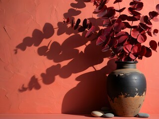 Burgundy eucalyptus leaves in rustic vase against coral wall with leaf shadows art