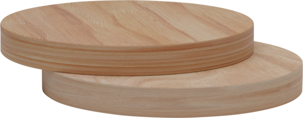 Stacked wooden display platforms with visible wood grain and rounded edges.