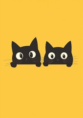 Obraz premium Two black cats peeking from behind a yellow backdrop