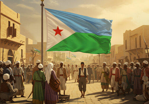 Djibouti National Flag Raising Ceremony Citizens in Traditional Attire Celebrating Independence Day.