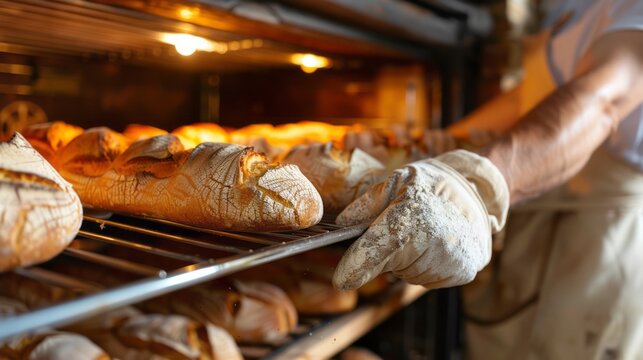 Freshly Baked Bread Emerging from Oven, Expert Baker Handling Hot Tray with Flour Dusted Gloves, Artisan Bakery, Warm Light