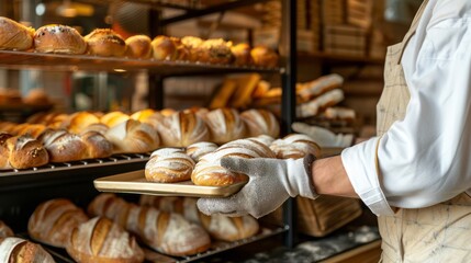Freshly baked artisan bread is displayed in a bakery, the baker presenting a tray with a delightful selection