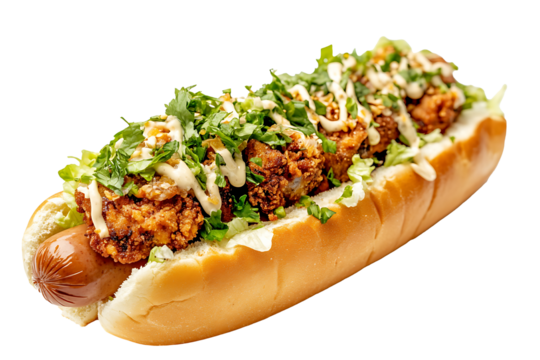 Chicken hot dog topped with chopped lettuce and mayo isolated on a transparent background 
