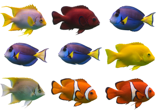 Isolated Background Variety Of Tropical Fish Marine Life Collection