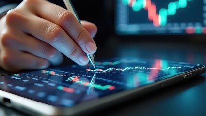 Hand using stylus on tablet displaying stock market charts and graphs