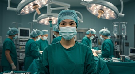 Confident asian surgeon poses with team performing surgical procedure in operating room