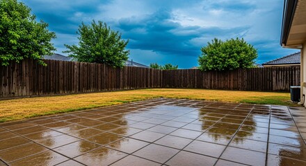 Backyard patio with wet pavers and wooden fence under cloudy sky for outdoor living space design ideas