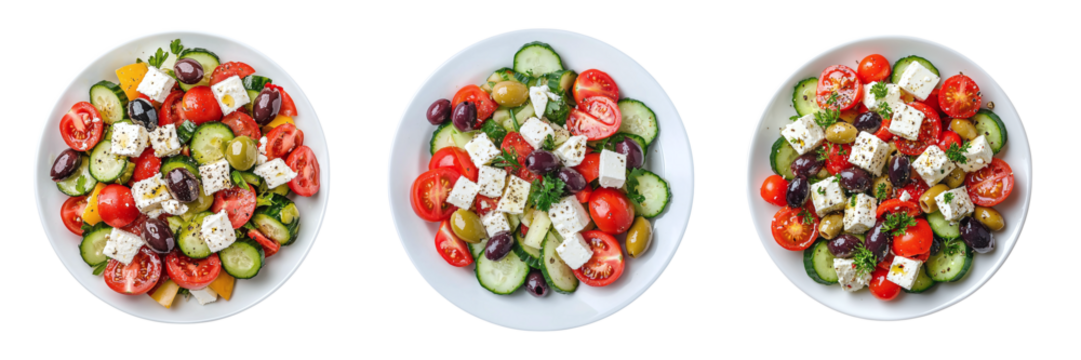 Set of delicious restaurant salads with feta cheese, cucumber, tomato and olives isolated on transparent background PNG