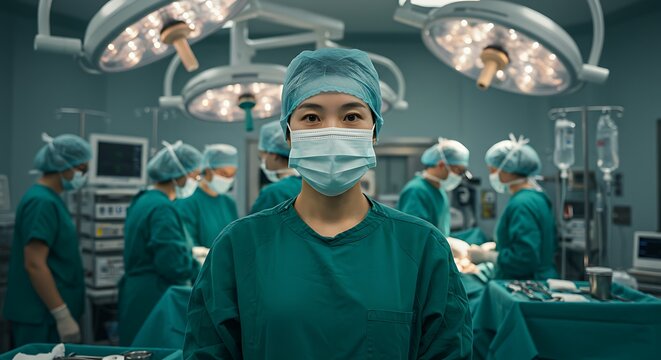 Confident asian surgeon poses with team performing surgical procedure in operating room