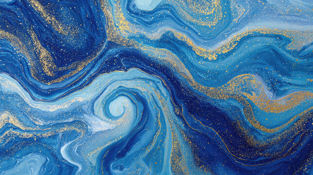 Abstract art featuring swirling blues and gold accents creating a dynamic and marbled appearance
