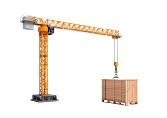 Industrial construction tower crane hoisting large wooden crate on transparent background, PNG