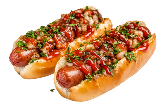 Halal beef sausage hot dog with tangy ketchup isolated on a transparent background